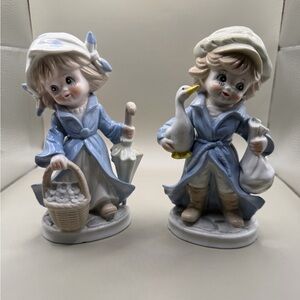 Vintage Set of 2 KPM Porcelain Figurines Girl With Umbrella & Boy With Goose